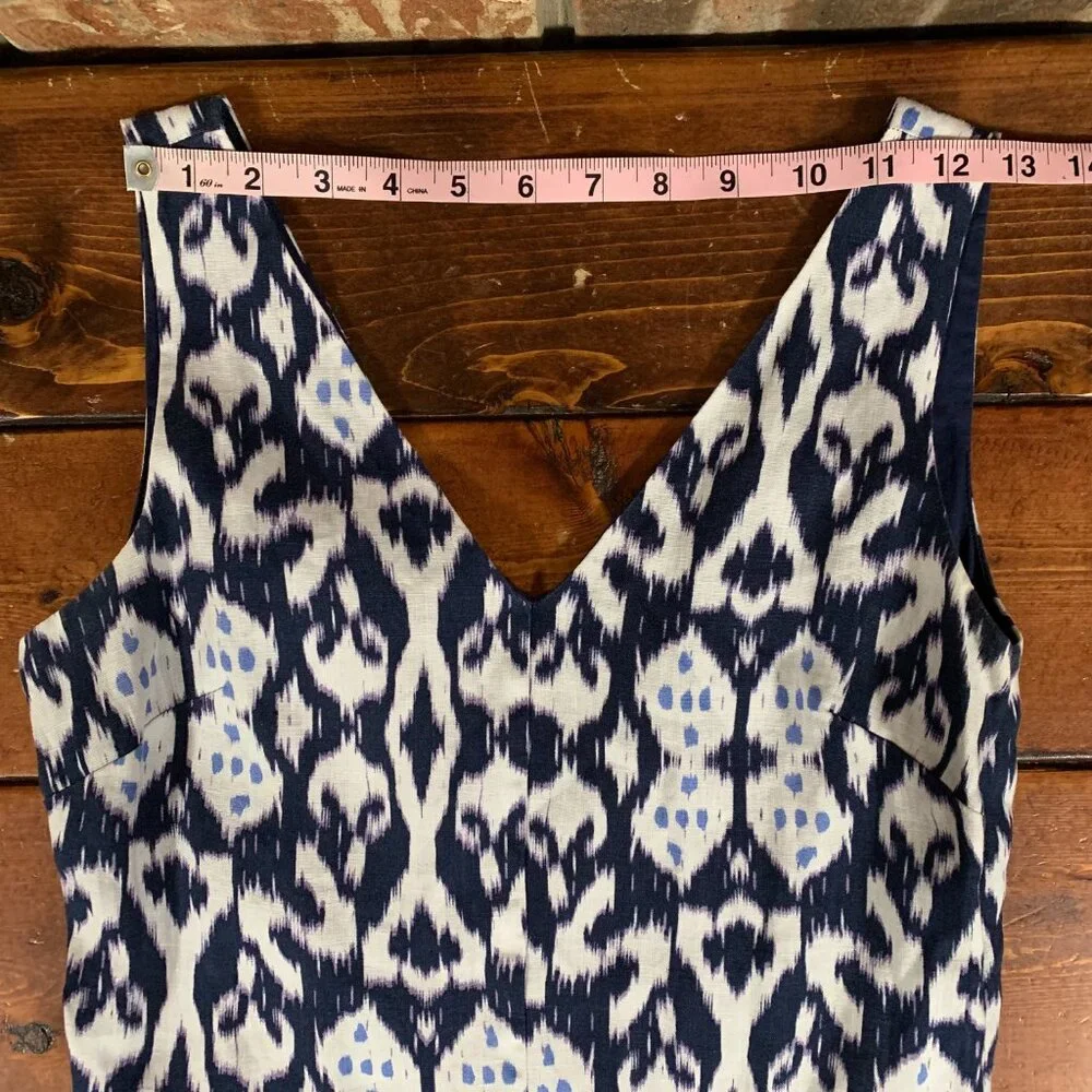 Gap 100% Linen Sleeveless V-neck Fit & Flare Ikat Blue White Mini Dress Size 4